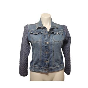 Upcycled Jean Jacket Sweater Women Large Blue Hand Crafted